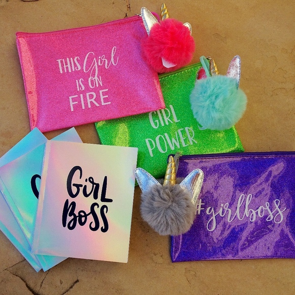 Glitter Hot Pink Girl Boss Unicorn Pom-Pom Journal & Pencil/Makeup Pouch Set - Picture 6 of 8